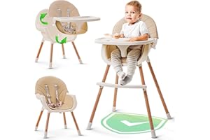 M09 PRO 3-in-1 High Chair for Babies and Toddlers - Convertible Wooden Baby Highchair for Eating with Safety Belt, Foldable Baby Feeding Chair with 3-Position Removable Tray, Adjustable Legs, Easy to Clean
