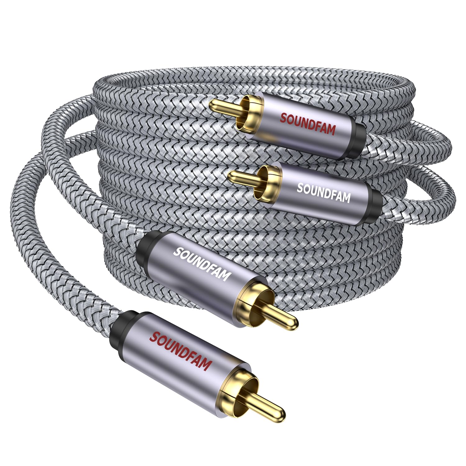 SOUNDFAM RCA Cable - 2m - 24K Gold Plated 2xRCA to 2xRCA Male-to-Male for Home Theater, HDTV, Amplifiers, Subwoofer, Hi-Fi Systems - Grey