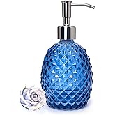 Glass Soap Dispenser with Stainless Steel Pump, 12oz Clear Dish Soap/Hand Soap/Laundry Soap/Lotion Dispenser, Refillable Liquid Dispenser for Bathroom Kitchen Shower (Blue)