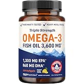 Triple Strength Omega 3 Fish Oil 3600 mg, EPA &amp; DHA, Over 2100mg Omega-3 | 1300mg EPA + 860mg DHA, Doctor-Formulated, Best Essential Fatty Acids, Premium Wild Caught &amp; Burpless Fish Oil, 120 Softgels