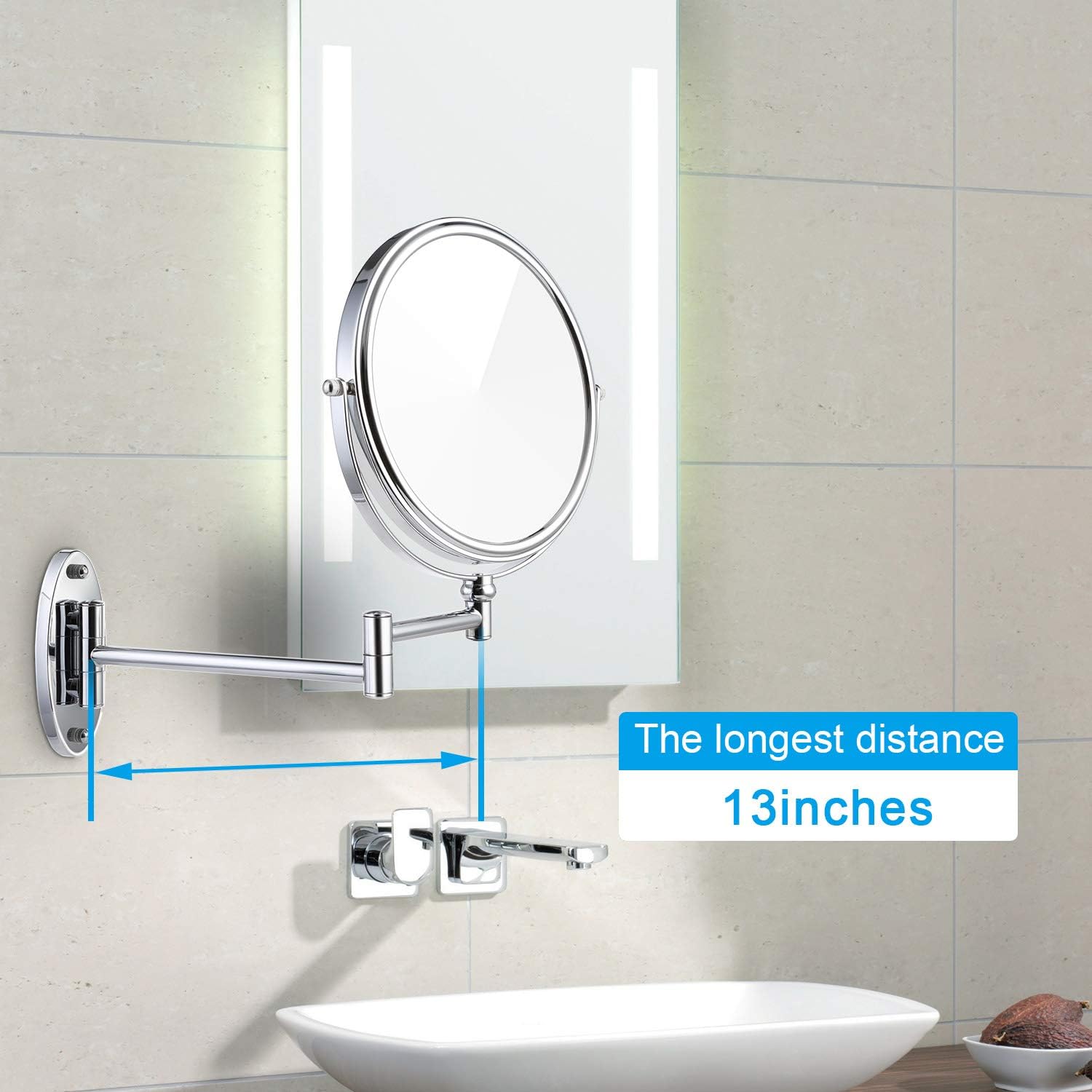 Miusco Wall Mounted Makeup Mirror, Premium 10X Magnifying 8'' Two-Sided Bathroom Vanity Mirror, Extendable Arm, Round, Chrome: Furniture & Decor