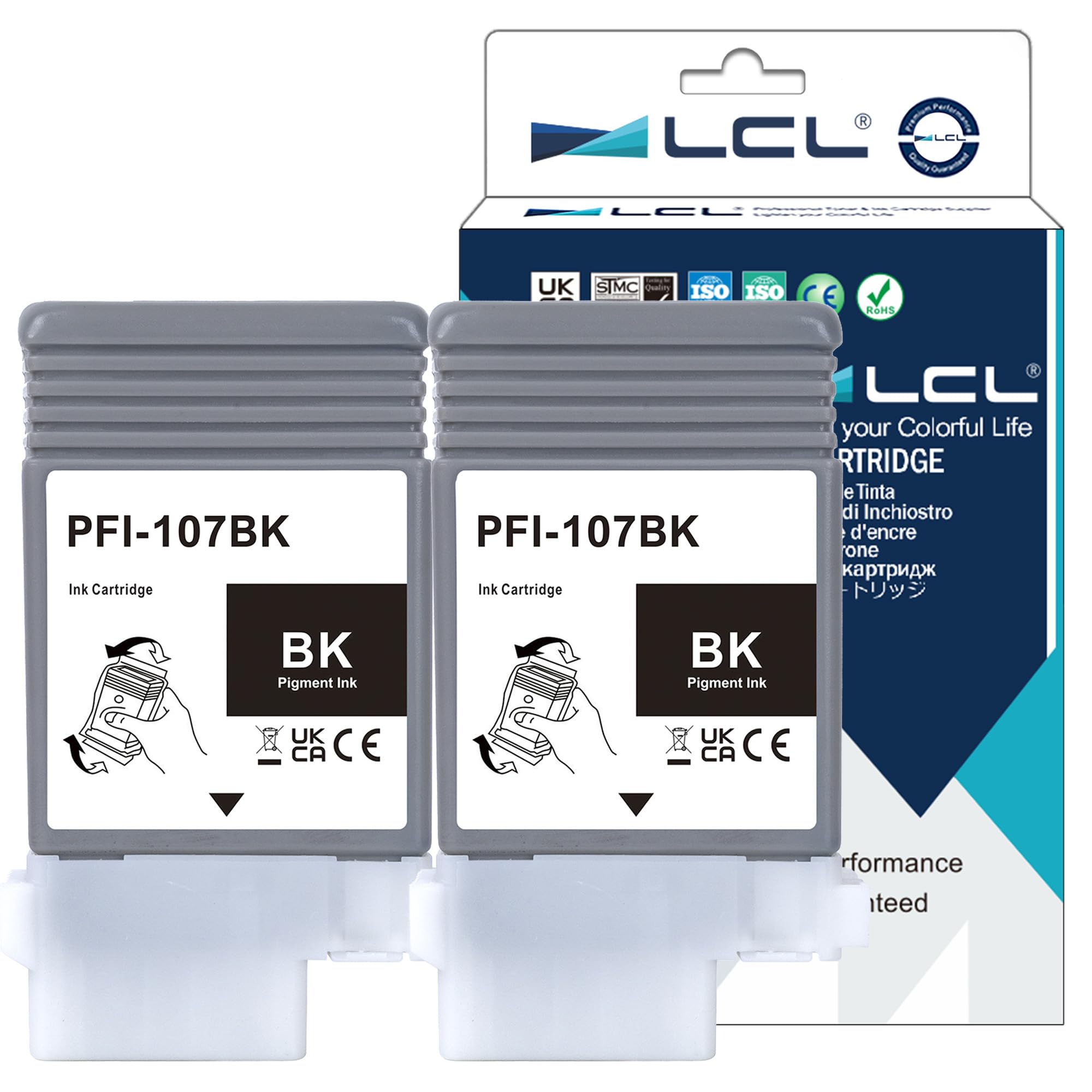 LCL PFI-107 Black 130ml Ink Cartridge Replacement for Canon PFI-107 PFI-107BK PFI107BK for Canon ImagePROGRAF iPF670 iPF680 iPF685 iPF770 iPF780 iPF785 (2 Pack)