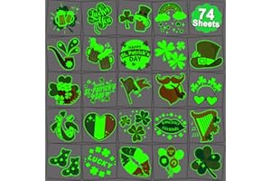 CHARLENT Glow in The Dark St Patrick's Day Temporary Tattoos for Kids - 74 Individually Sheets Luminous St. Patrick's Day Tattoos for Boys Girls Party Favors Goodie Bag Fillers
