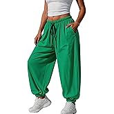 Fisoew Womens Baggy Harem Pants Casual Barrel Elastic Waist Drawstring Pleated Loose Workout Track Pants with Pockets