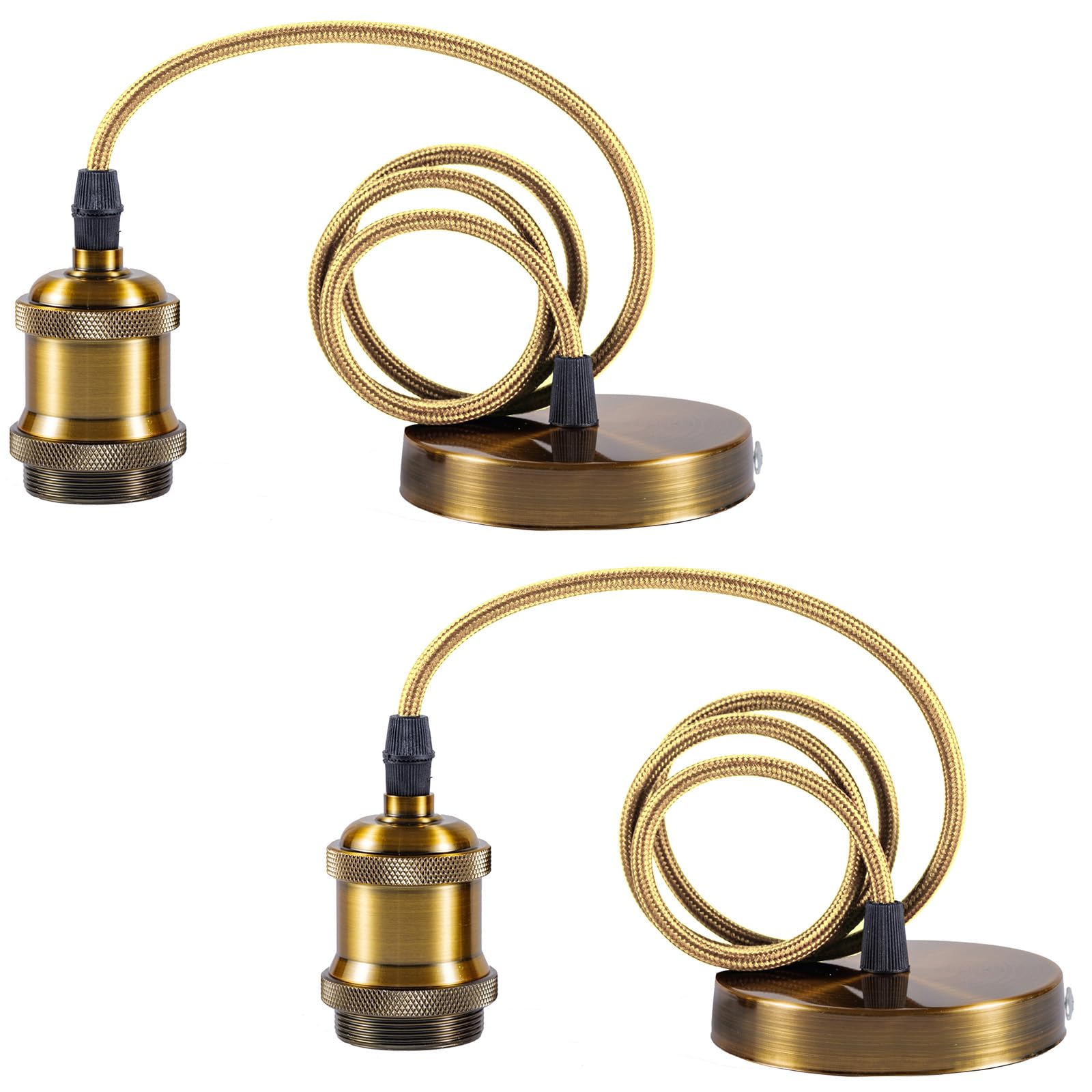 Sevenpers Light Fittings Ceilings, 2 Pack E27 Vintage Pendant Light Fitting in Antique Brass with Ground Wire and 90cm Braided Cable