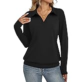 TICTICMISS Womens Polo Shirts Long Sleeve Banded Bottom Tops Business Casual Tops Collared V Neck Blouses
