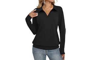 TICTICMISS Womens Polo Shirts Long Sleeve Banded Bottom Tops Business Casual Tops Collared V Neck Blouses