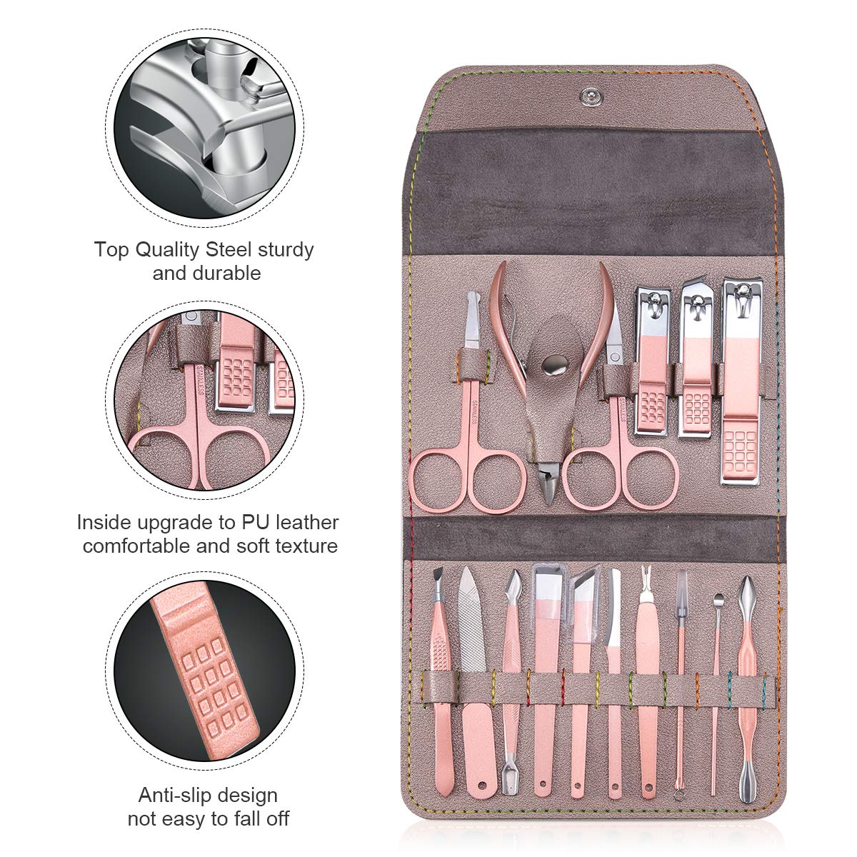 Leipple Manicure Set Professional Nail Clipper Kit Pedicure Kit - 16 pcs Stainless Steel Grooming Kit - Nail Care Tools with Luxurious Leather Travel Case (Silver Grey) : Beauty