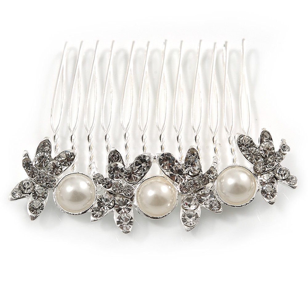 Medium Bridal/Prom/Wedding/Party Rhodium Plated Faux Pearl, Clear Austrian Crystal Butterfly Side Hair Comb - 60mm Width