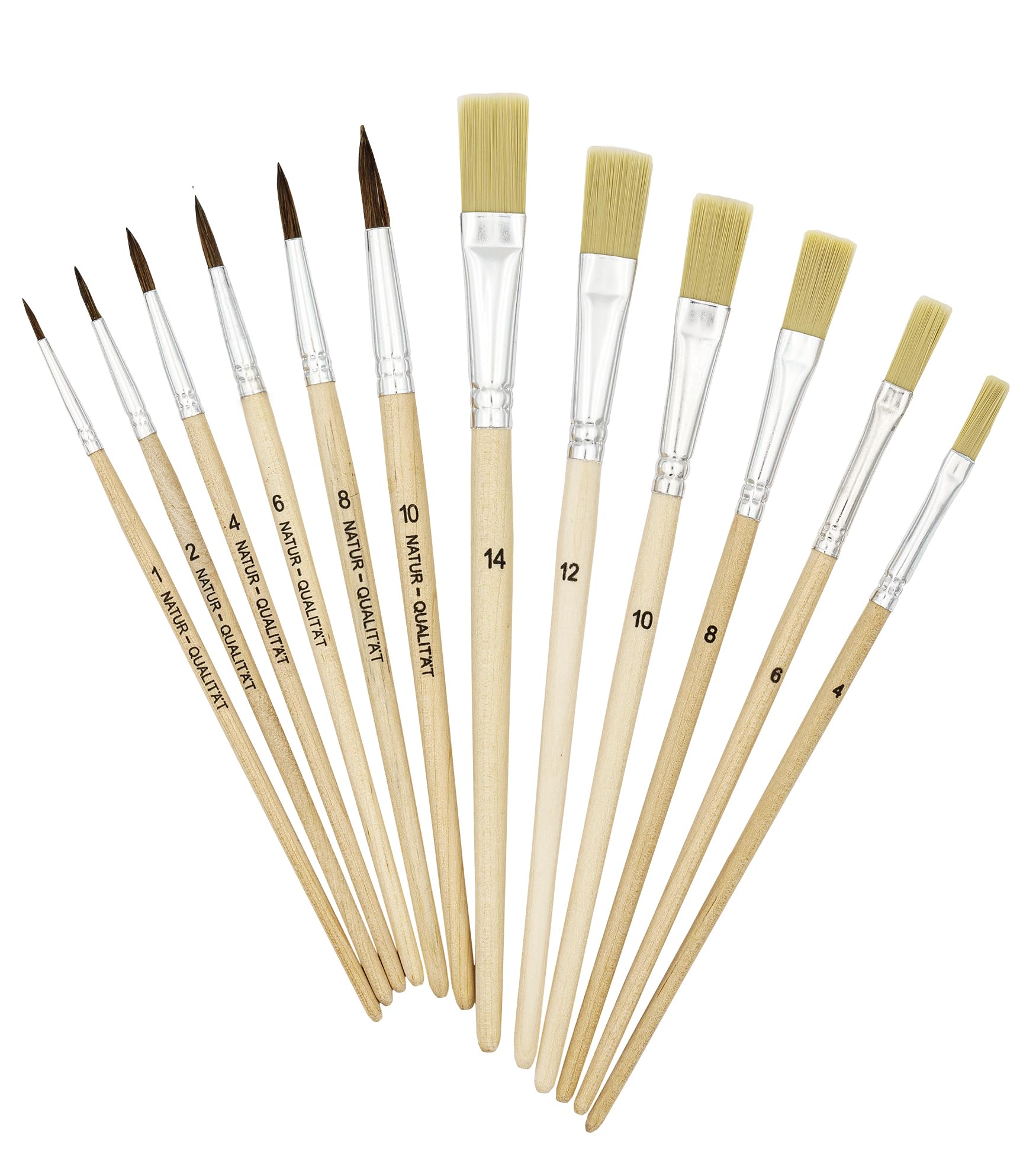 K3T Brush Set 12 Pieces (Hair Brush Size 1, 2, 4, 6, 8, 10 + Bristle Brush Size 4, 6, 8, 10, 12, 14), Natural Shaft Item No. 49411