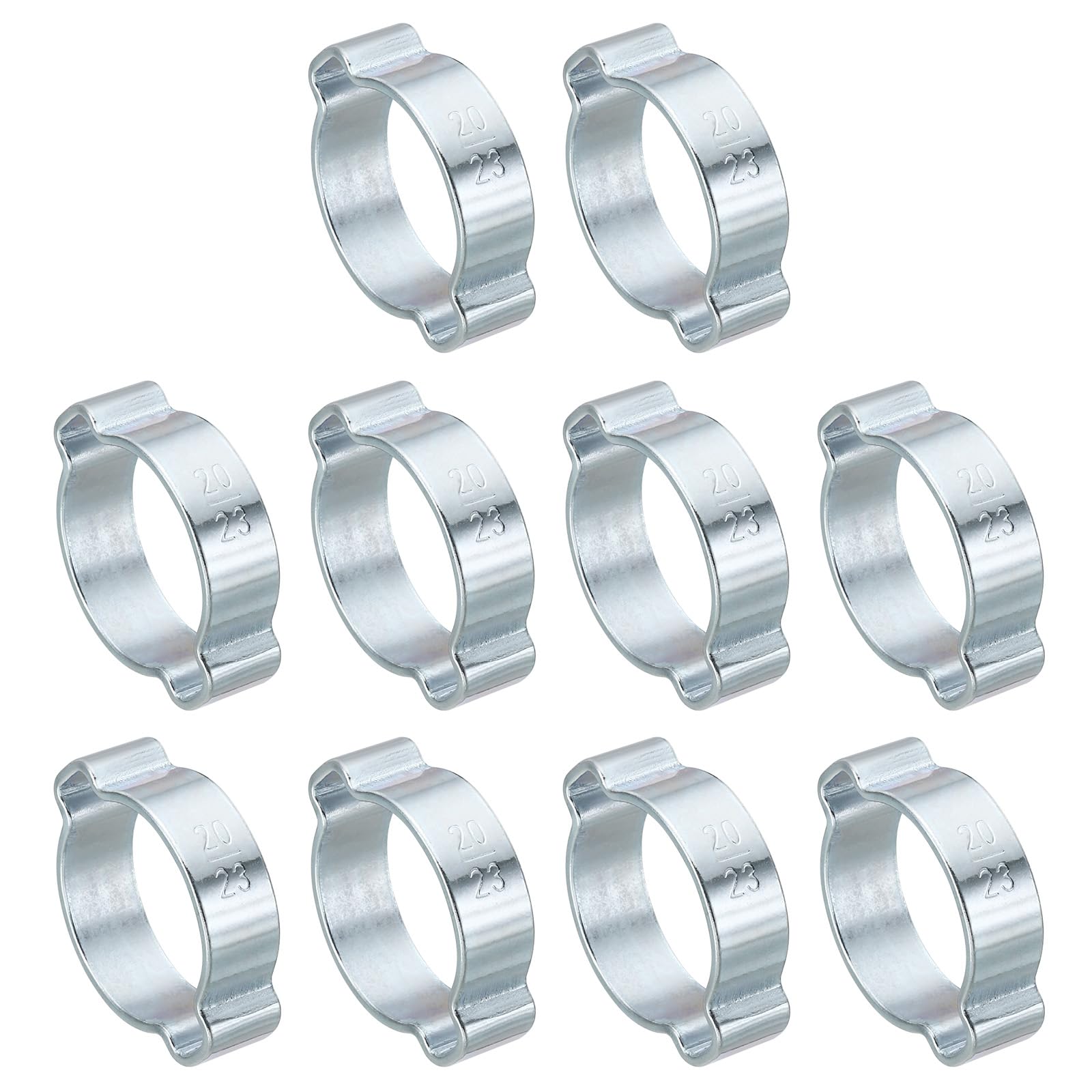 PATIKIL 10 Pack 20-23mm Double Ear Hose Clamp, Galvanized Steel Crimp Rings for Tubing Pipe Fitting Connections, Silver Tone