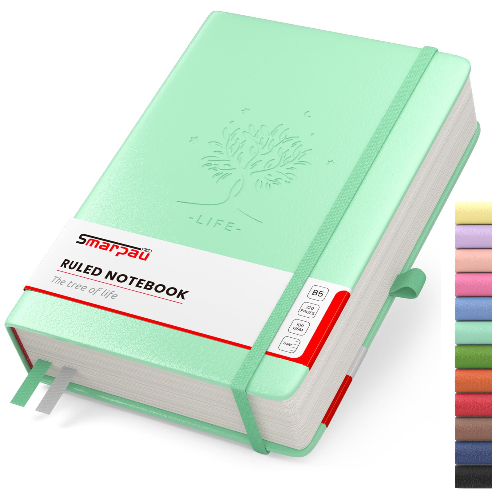 Smarpau B5 Lined Notebook - Large Leather Journal Notebook with 320 Pages 100gsm No bleed Paper, Thick College Ruled Notepad Hardback for Office School Work Women Men, 19 x 25 cm - Green