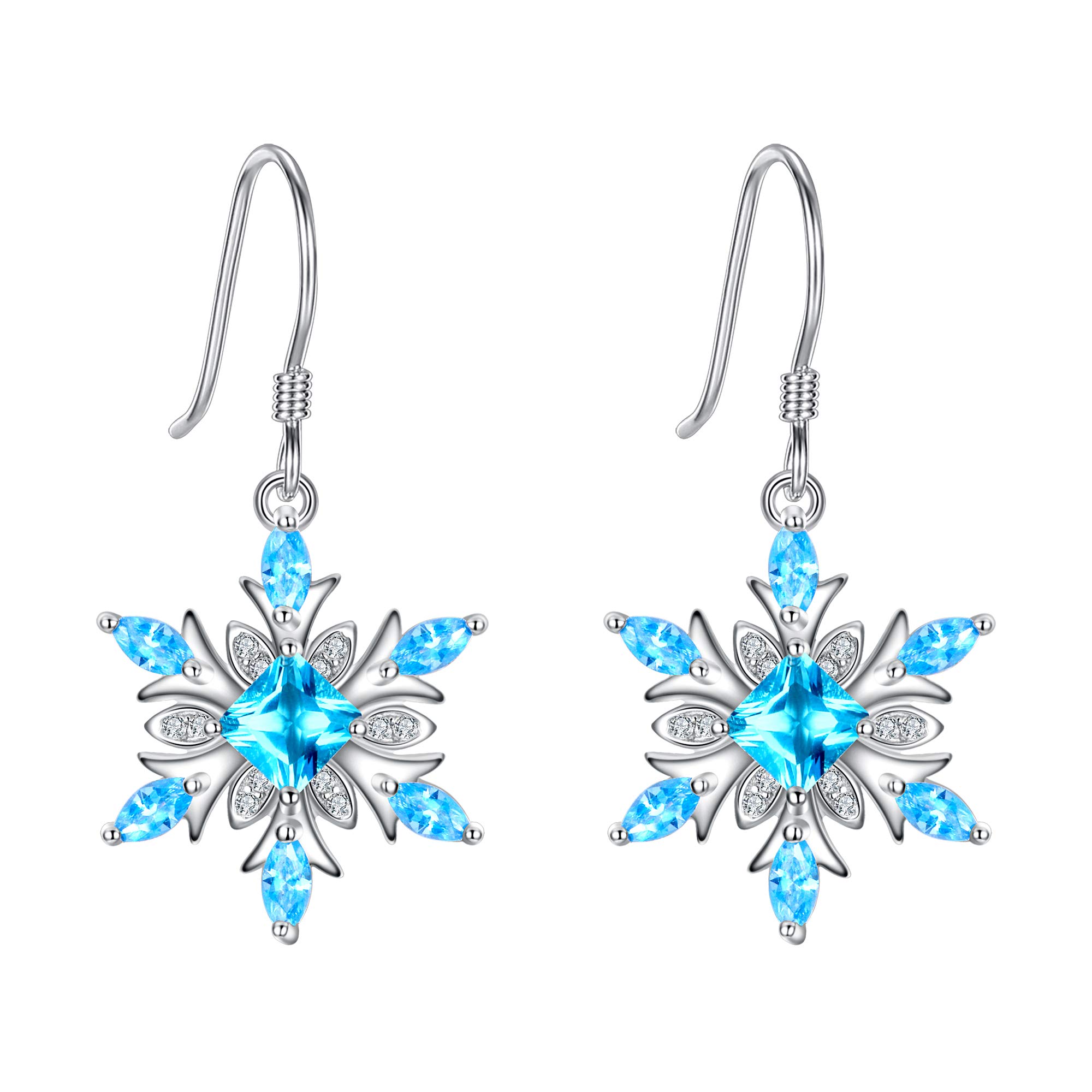 EVER FAITH Snowflake Earrings, 925 Sterling Silver Sky Blue Cubic Zirconia, Christmas Earrings Gift for Family