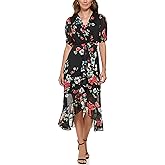DKNY Womens Ruffle Hem V-Neck Puff Sleeve Dress