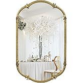 Fobule Gold Oval Wall Mirror, 19"x32" Metal Beaded Frame Decorative Mirror, Cute Flower Bird Pattern Vintage Scalloped Hangin