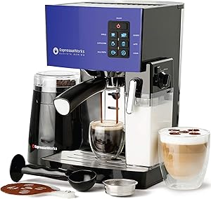 Espresso Machine, Latte & Cappuccino Maker- 19 Bar Pump, 10 pc All-In-One Espresso Maker with Milk Steamer (Incl: Coffee Bean Grinder, 2 Cappuccino & 2 Espresso Cups, Tamper, Portafilter w/ Single & Double Shot Filter Baskets), 1250W, (Blue)