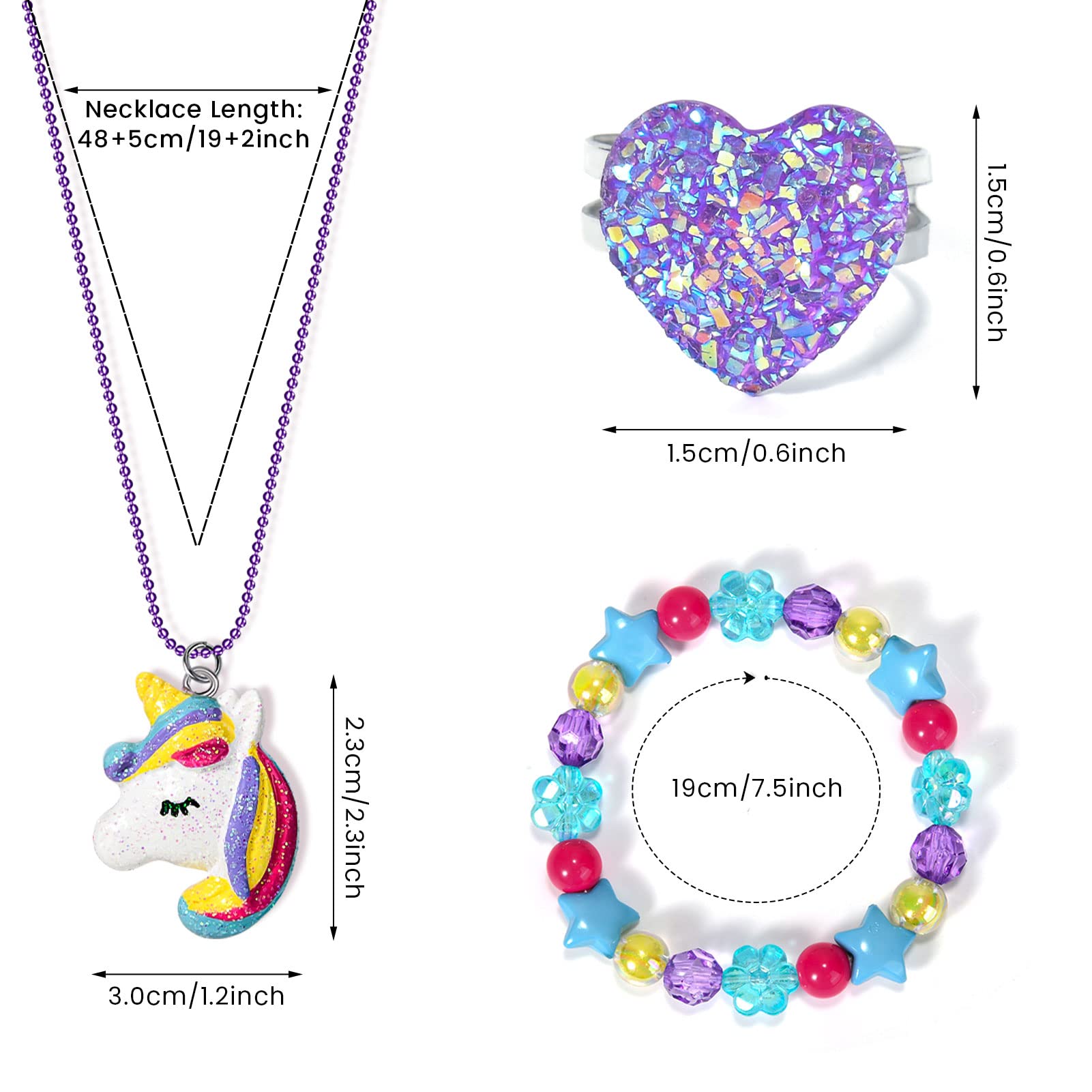 Lorfancy 18 PCS Kids Jewelry for Girls Bracelets Necklaces Rings Set Toddler Unicorn Butterfly Beaded Bracelet adjustable colorful Friendship Dress up Jewelry Gifts (A)