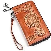 AEGGEAI Genuine Leather Women's Wallet Flower Pattern Wristlet Long Wallet Card Holder (Brown)