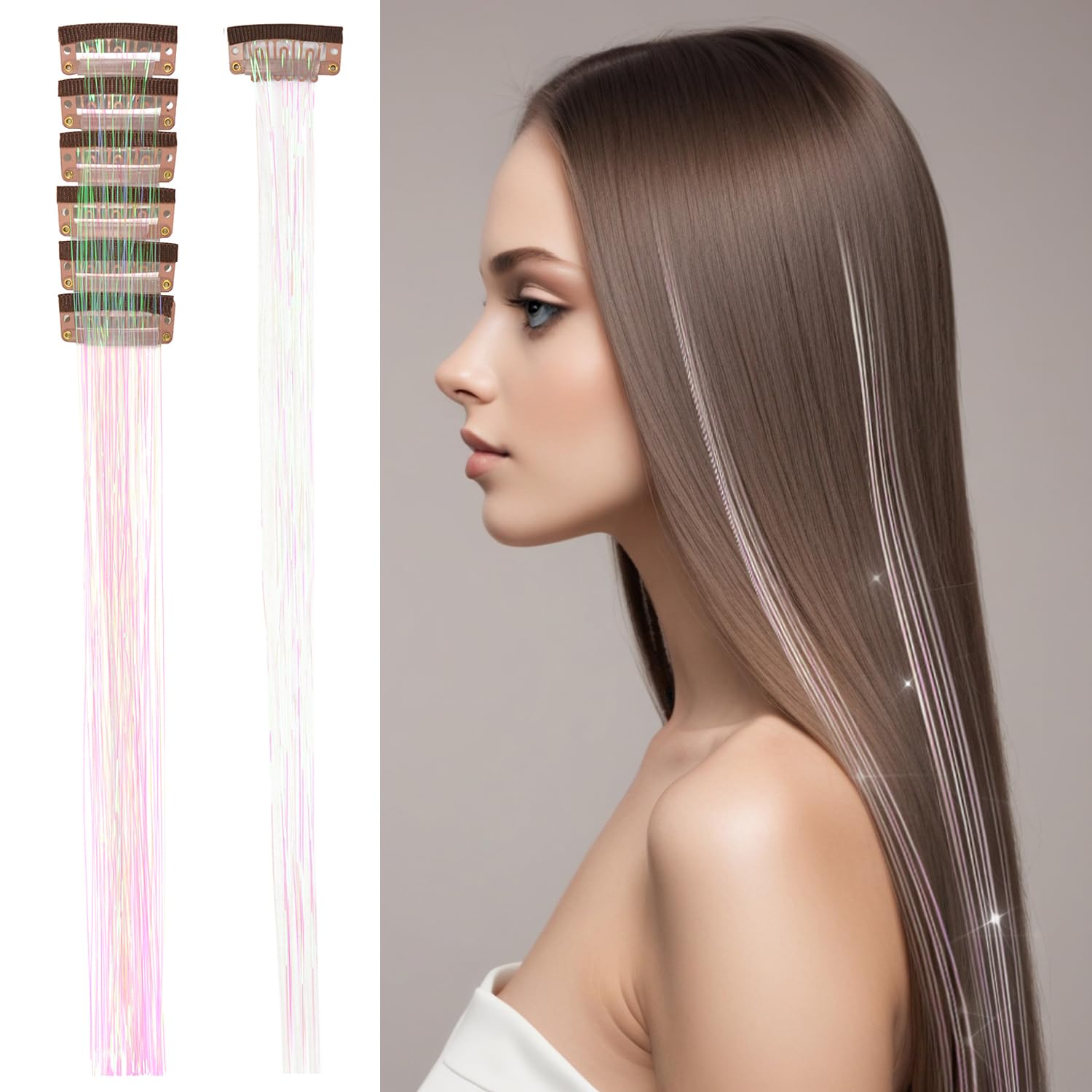 6 Pcs Clip in Hair Tinsel Kit 20.5 Inches Heat Resistant Glitter Tinsel Hair Extensions Fairy Hair Tinsel for Women Hair Styling Party Gift (Shell Color) — image 1
