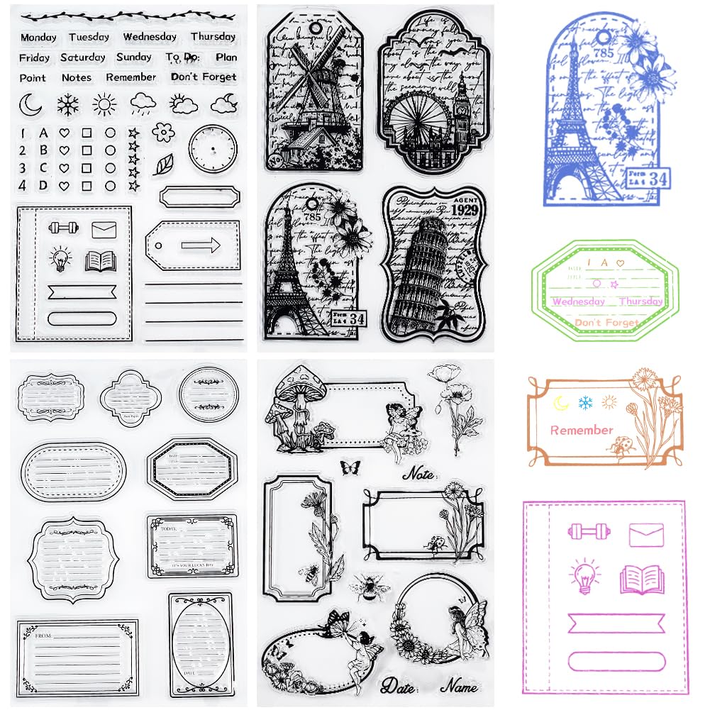 CRASPIRE 4 Styles Vintage Blank Labels Clear Stamps Tower Notes Vintage Background Reusable Transparent Silicone Stamp Seals for Journaling Card Making Decor DIY Scrapbooking Photo Album Decorative