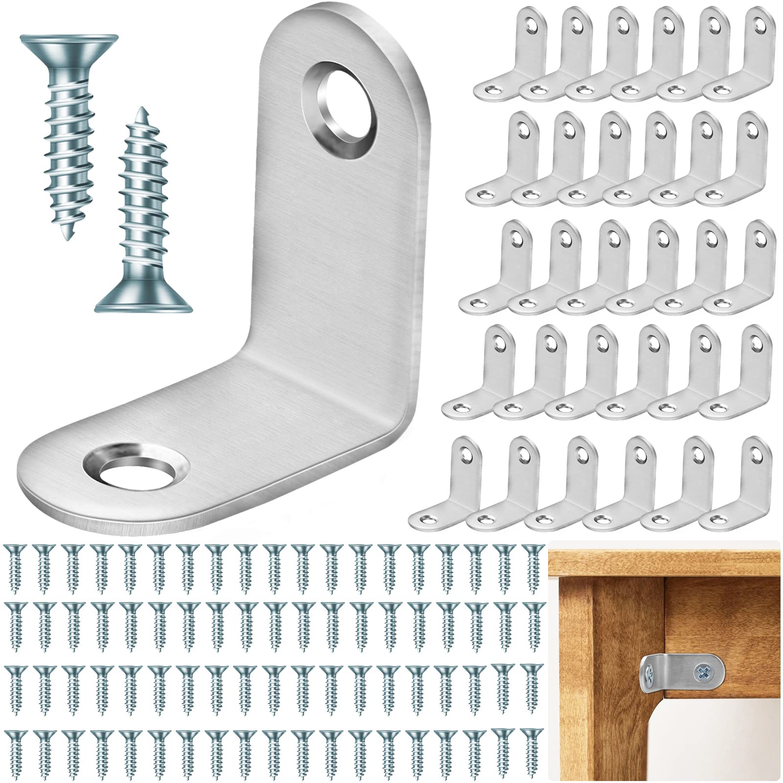 Lonely high heels 30pcs L Shape Brackets Right Angle Corner for Wood 90 Degree Sleeper Stainless Steel Fastener with Screws Shelves Furniture Cabinet (30MM), Silver