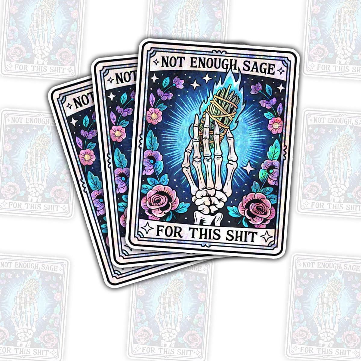Photo 1 of (3 Pcs) Not Enough Sage for This Tarot Card Sticker – Funny Quote Vinyl Decal for Tarot Enthusiasts, Humor Lovers, and Spiritual Seekers for Laptop, Water Bottle, Tumbler 3"x3"