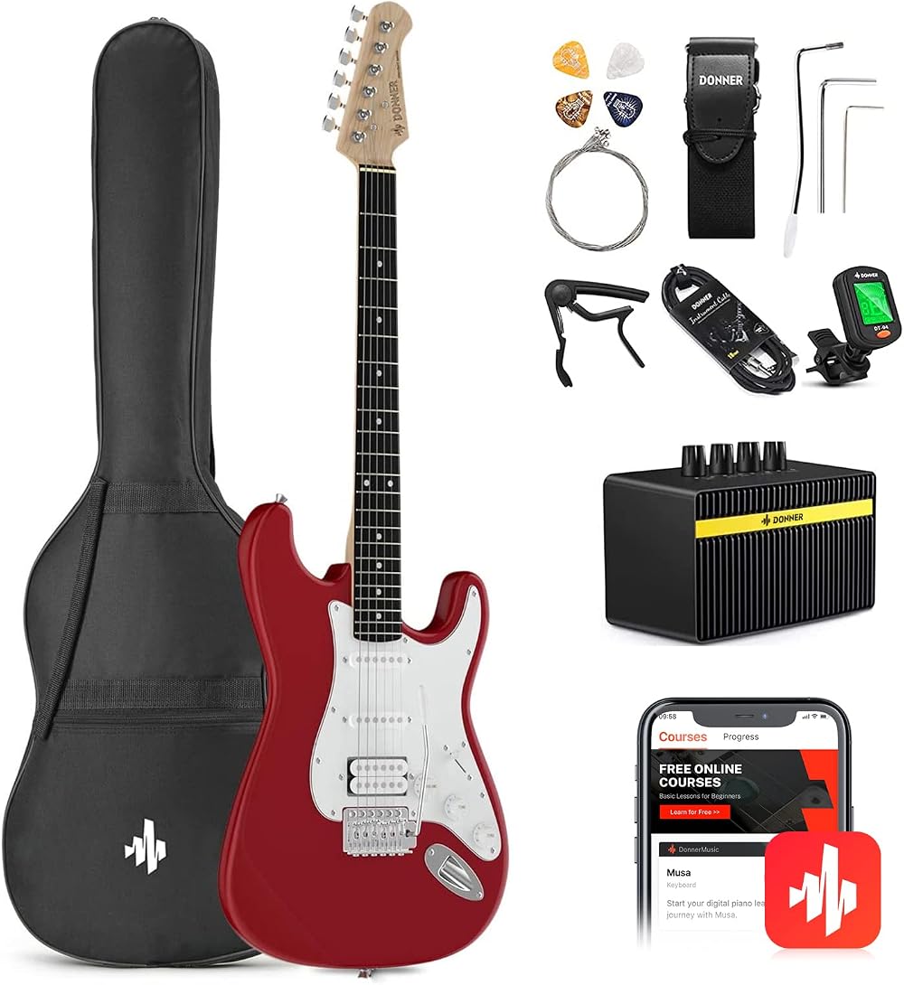Donner 39 Inch Electric Guitar Set with Amplifier and Accessories Red