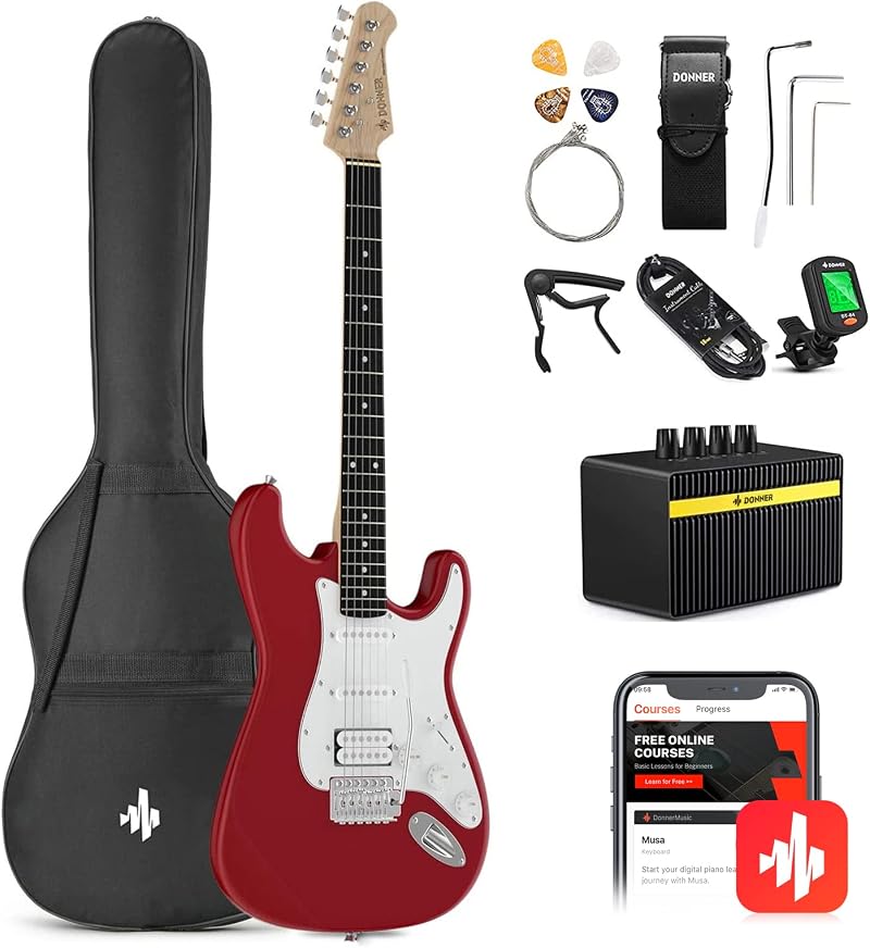 Donner 39 Inch Electric Guitar Set with Amplifier and Accessories Red