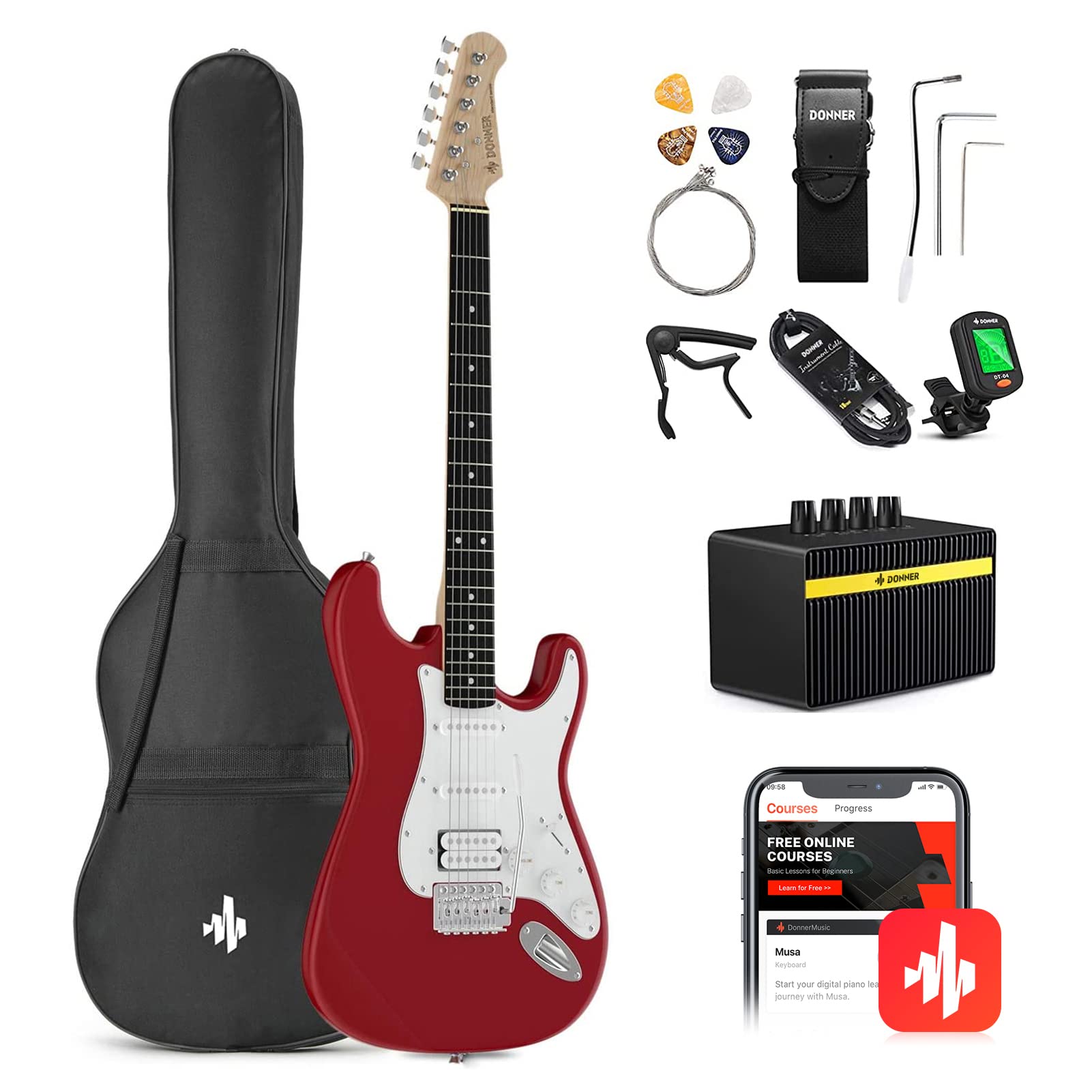 Donner 39 Inch Electric Guitar Beginner Kit Red Full-Size Starter Package HSS Pick Up with All Accessories Amp Online Lesson Bag Tuner Capo Strap String Amp Cable Picks DST-100R