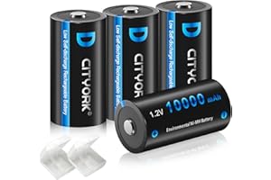 CITYORK 4 Pack Rechargeable D Batteries, 1.2V Ni-MH 10000mAh High Capacity D Cell Battery Low Self Discharge, Pre-Charged，D Size Rechargeable Household Batteries, Pack of 4 (Battery Case Included)
