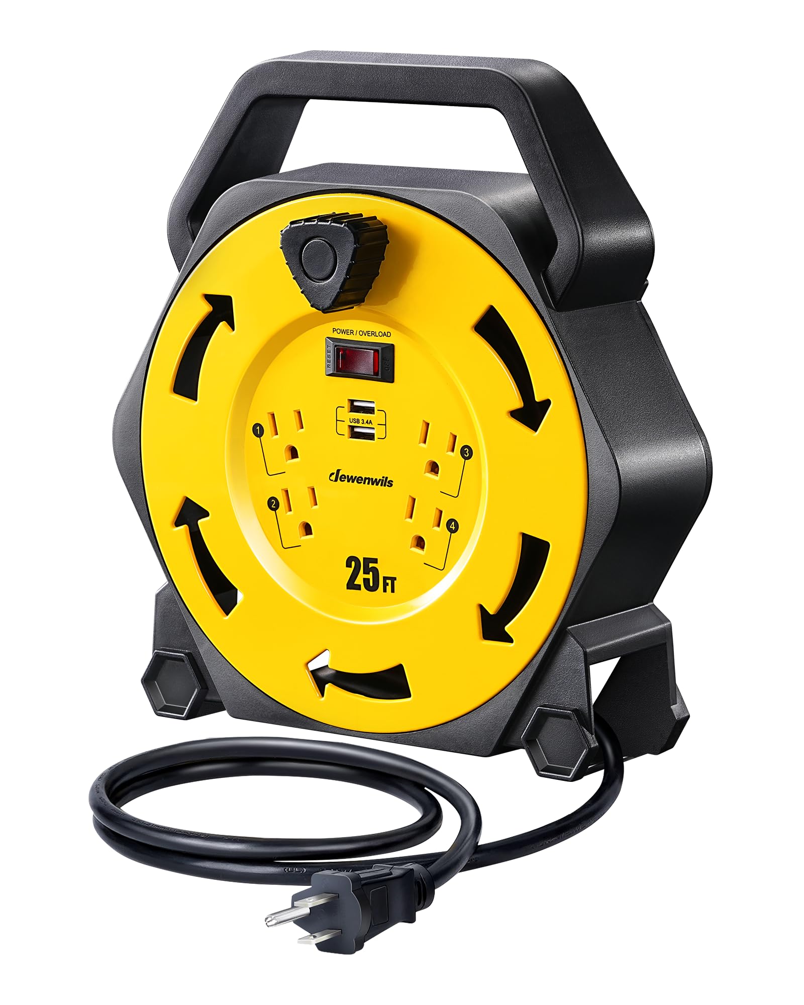 Photo 1 of DEWENWILS Cord Reel with 4 Power Outlets, 2-USB Ports(3.4A Fast Charge), 25FT Retractable Extension Cord Reel, Heavy Duty SJTW 16/3 Cable, 13A Circuit Breaker, Hand Wind, UL Listed