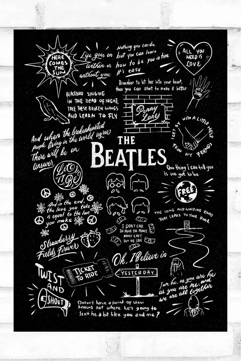 Hewson The Beatles Doodle Lyric Poster - Beatles Print Gifts - Beatles Artwork Gift for Beatles Lover Music Poster (A4, Black Chalkboard)