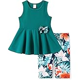 PATPAT Toddler Girls Clothes Green Tropical Bowknot Pleated Hem Design Sleeveless Dress Top and Allover Floral Print Short Set 2T Girl Clothes
