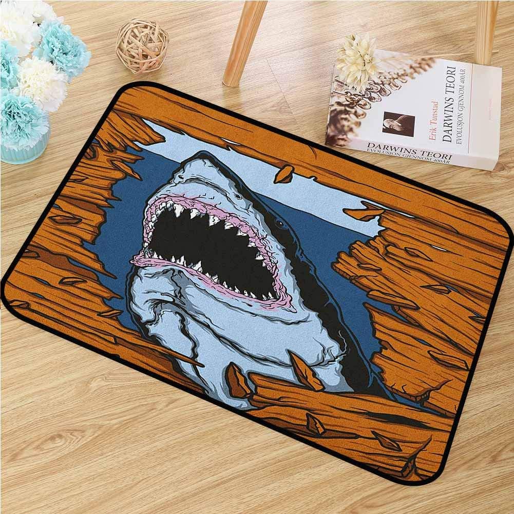 Shark Inlet Outdoor Door mat Wild Fish Breaking Wooden Plank Danger Sign Killer Creature Fun Illustration Catch dust Snow and mud W35.4 x L47.2 Inch Ginger Dark Blue