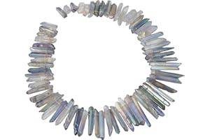 rockcloud Natural Rock Crystal Points Titanium Coated Clear Quartz Sticks Spikes Top Drilled 15 inch Strand,Grey&AB Crystal