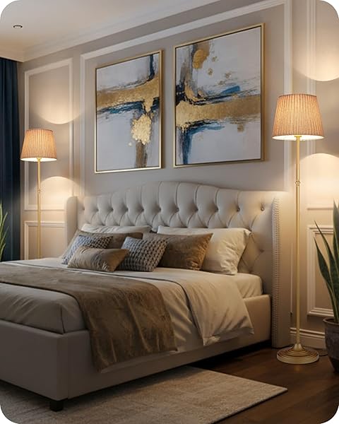 GOEBLESON DIMMABLE FLOOR LAMP FOR LIVING ROOM, 68″ TALL STANDING LAMP, READING LIGHT WITH REMOTE & FOOT PEDAL, 10W LED BULB (3000K-6500K) INCLUDED, FCC LISTED, REINFORCED BASE, GOLD AND BEIGE DE12LD05