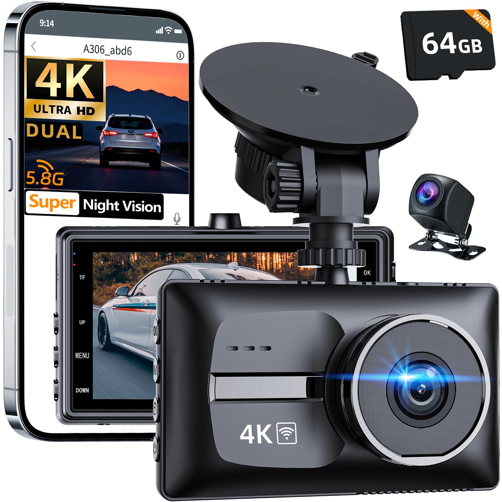 Photo 1 of ** FACTORY SEALED*************4K Front and FHD1080P Rear Dual Dash Cam Dash Camera,5.8G WiFi for Cars, 3.0" IPS Screen,UHD Night Vision 24H Parking, Dual 170° Wide Angle, WDR, G-Sensor,Free 64GB Card Can Supports 256GB Card Max