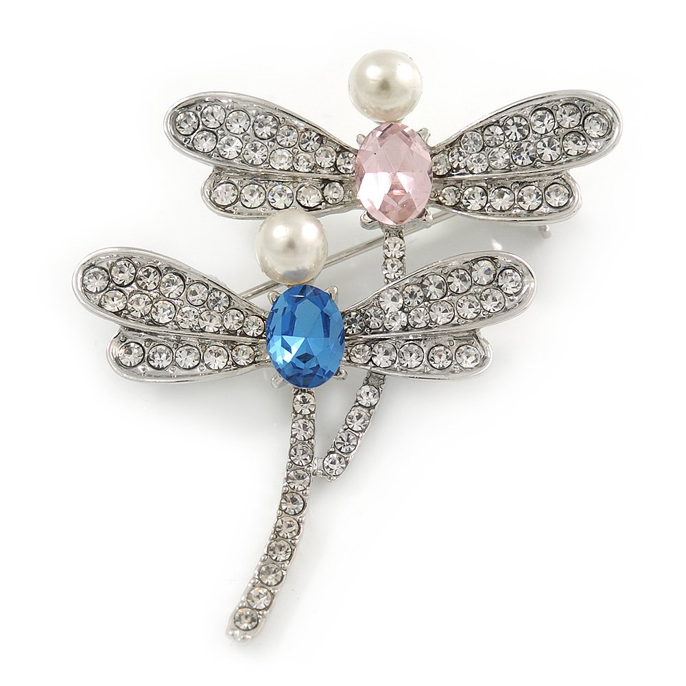 Two Crystal Dragonfly Brooch In Silver Tone Metal - 45mm