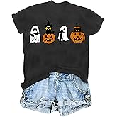 Halloween Shirts for Women Cute Ghost Pumpkin Graphic Tees Fall Gifts Casual Thanksgiving Doodles Short Sleeve Tops