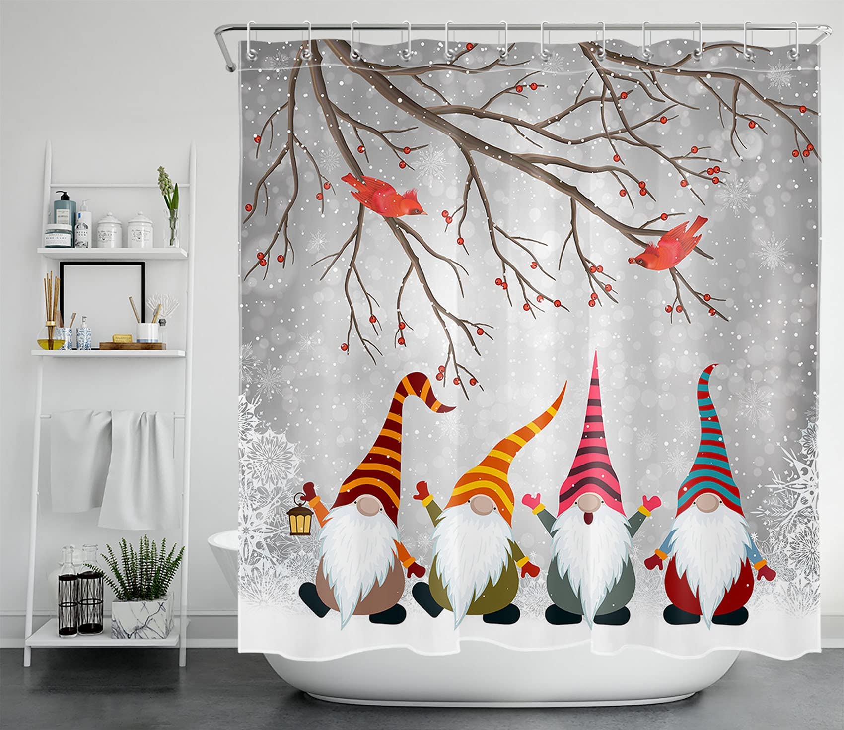 GOOESING Winter Christmas Shower Curtain Funny Gnome and Cardinals in Snowy Forest Bathroom Shower Curtain,Snow Scene Polyester Waterproof Polyester Fabric Bath Decor Accessories with Hooks