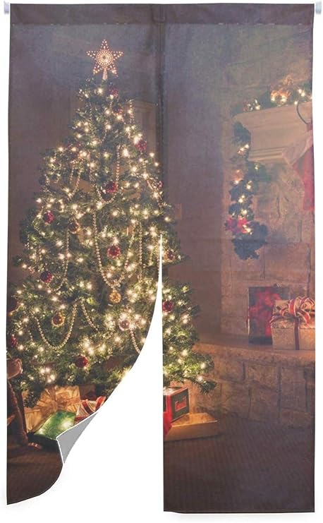 Amazon のれん 防水 65x90cm インテリア 暖炉のそばでクリスマスツリー おしゃれ 玄関カーテンリビング階段や玄間の 目隠し 和風 暖簾 ロング バラ柄のれん のれん イカ 暖簾 北欧 のれん オンライン通販