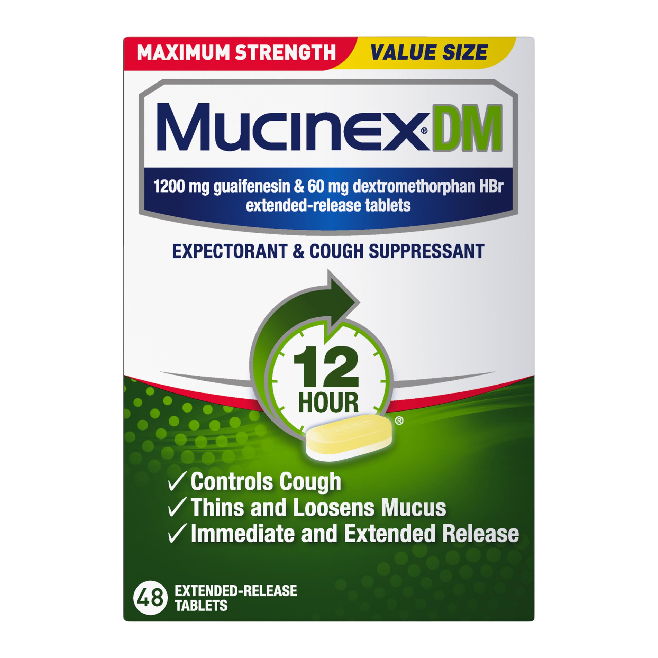 Mucinex DM 12Hr Maximum Strength Chest Congestion & Cough Medicine for Adults, Cold and Cough Medicine for Excess Mucus Relief, 1200 mg Guaifenesin & 60 mg Dextromethorphan HBr, 48 Bi-Layer Tablets