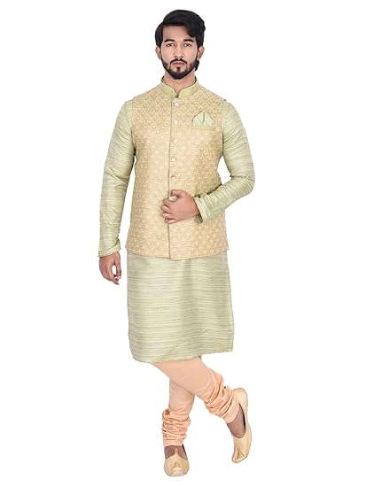 Men's Full Sleeve Regular Fit Self-Designed Kurta Paired with Churidar & Designer Nehru Jacket