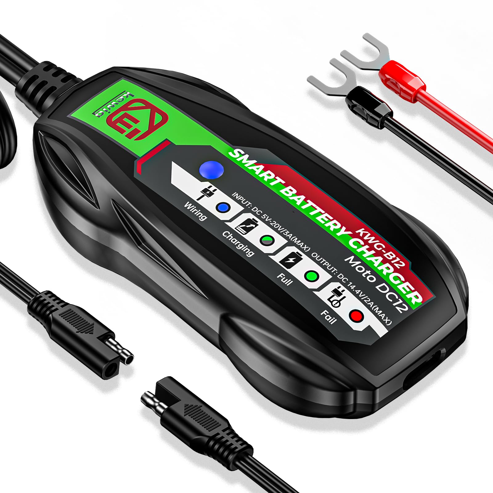 2A Smart Battery Charger - USB Input 12V Automatic Charger For Motorcycle, AGM & Lithium Batteries
