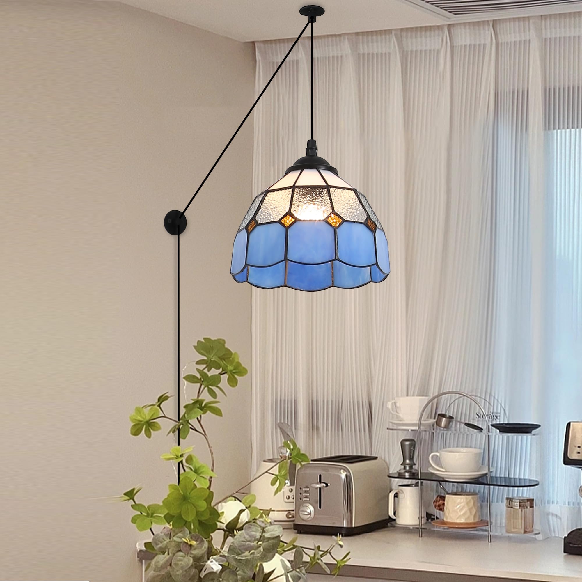 SUNLLOK Modern Tiffany Glass Pendant Light, Adjustable Height Plug in Chandelier Ceiling Lamp Fixture, Indoor Dome Shade Hanging Lanp Decoration for Living Room Restaurant Hallway (Blue)