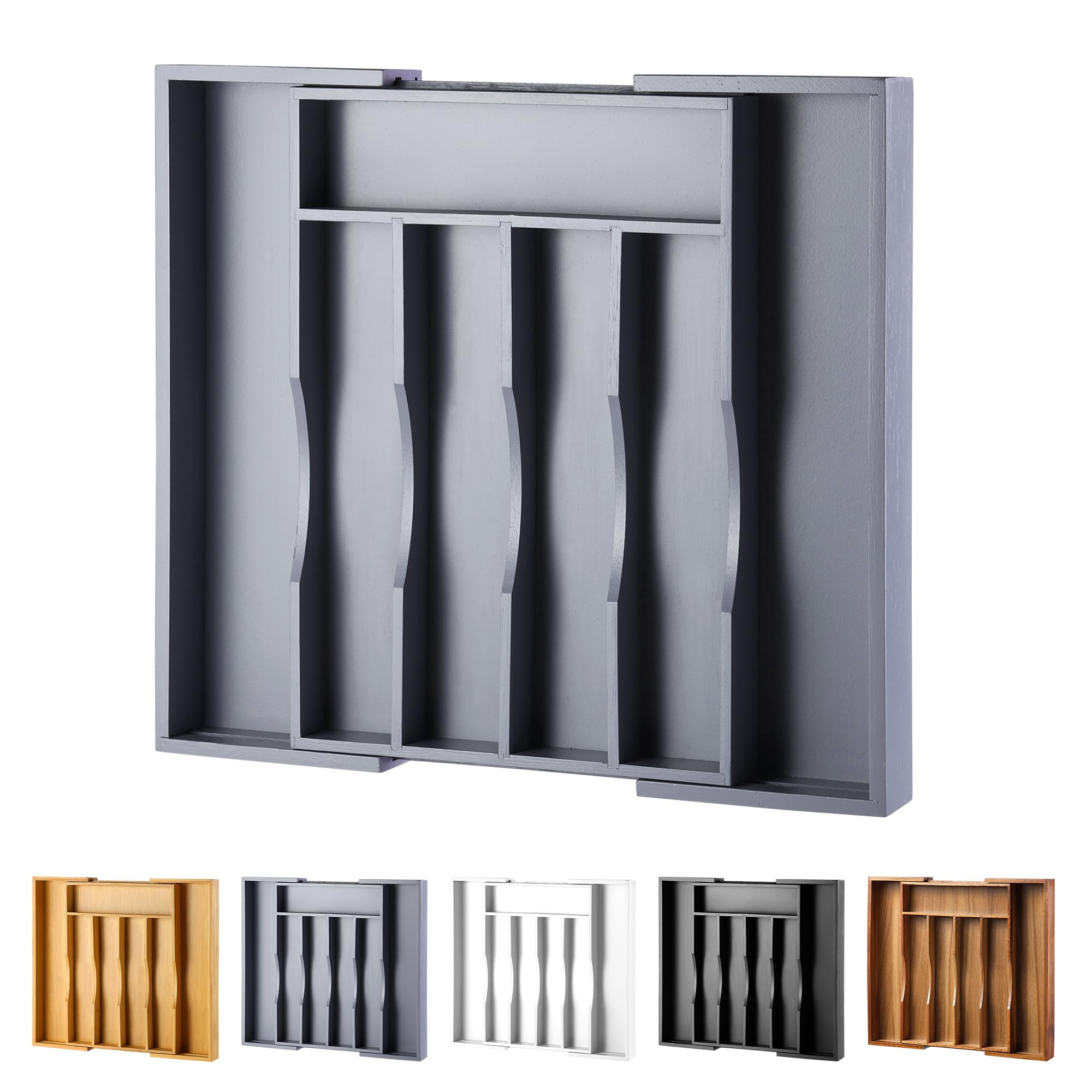 Photo 1 of oridom Expandable Bamboo Kitchen Drawer Organizer for Cutlery and Utensils, Adjustable Bamboo Wood Cutlery Tray in Drawer for Flatware and Silverware in Kitchen, (Grey)