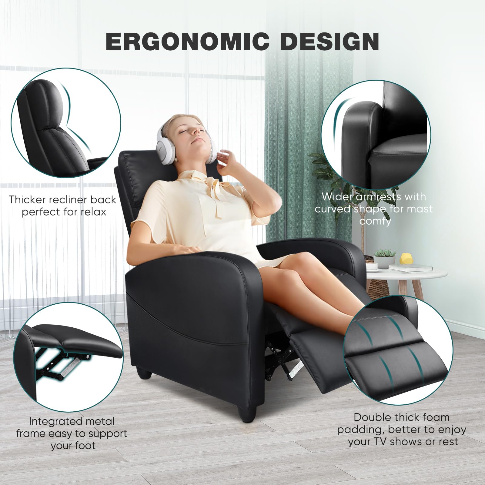 Silla reclinable para sala de estar, sillones reclinables de cuero, asientos de cine en casa con soporte lumbar con respaldo y reposapiés ajustables, muebles modernos de sala de estar con respaldo acolchado, negro