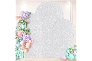 PATYDEST Set of 3 Wedding Arch Cover Sequin Arch Stand Cover 7.2FT 6.6FT 6FT Silver Chiara Backdrop Arch Covers Stretchy Spandex Fabric Party Arch Frame Cover for Baby Shower Happy Birthday Decoration