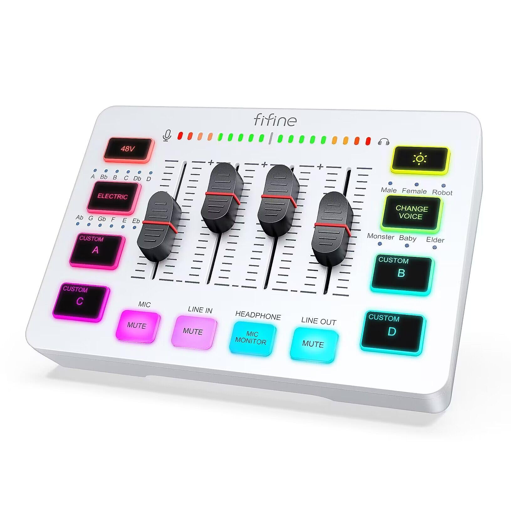 FIFINE Audio Interface with RGB Lights,Slider Fader for Podcast Streaming Gaming,PC Audio Mixer,Stream Deck with XLR Microphone Input,Voice Effects for Music Recording,Video Creating-SC3 White — image 1