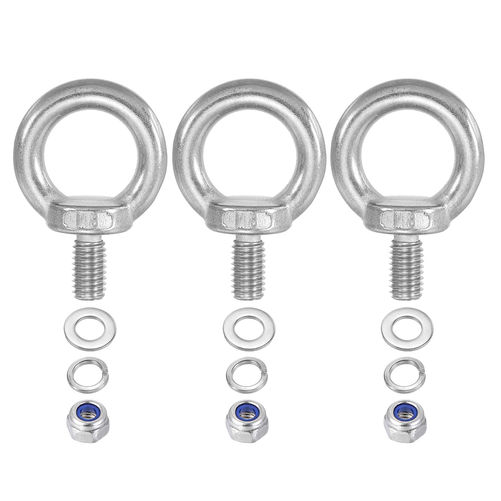 PATIKIL M8 x 13mm Lifting Shoulder Eye Bolt, 3Pcs 304 Stainless Steel Lifting Ring Threaded Eyebolt with Nuts Washers for Hanging Hammocks Articles
